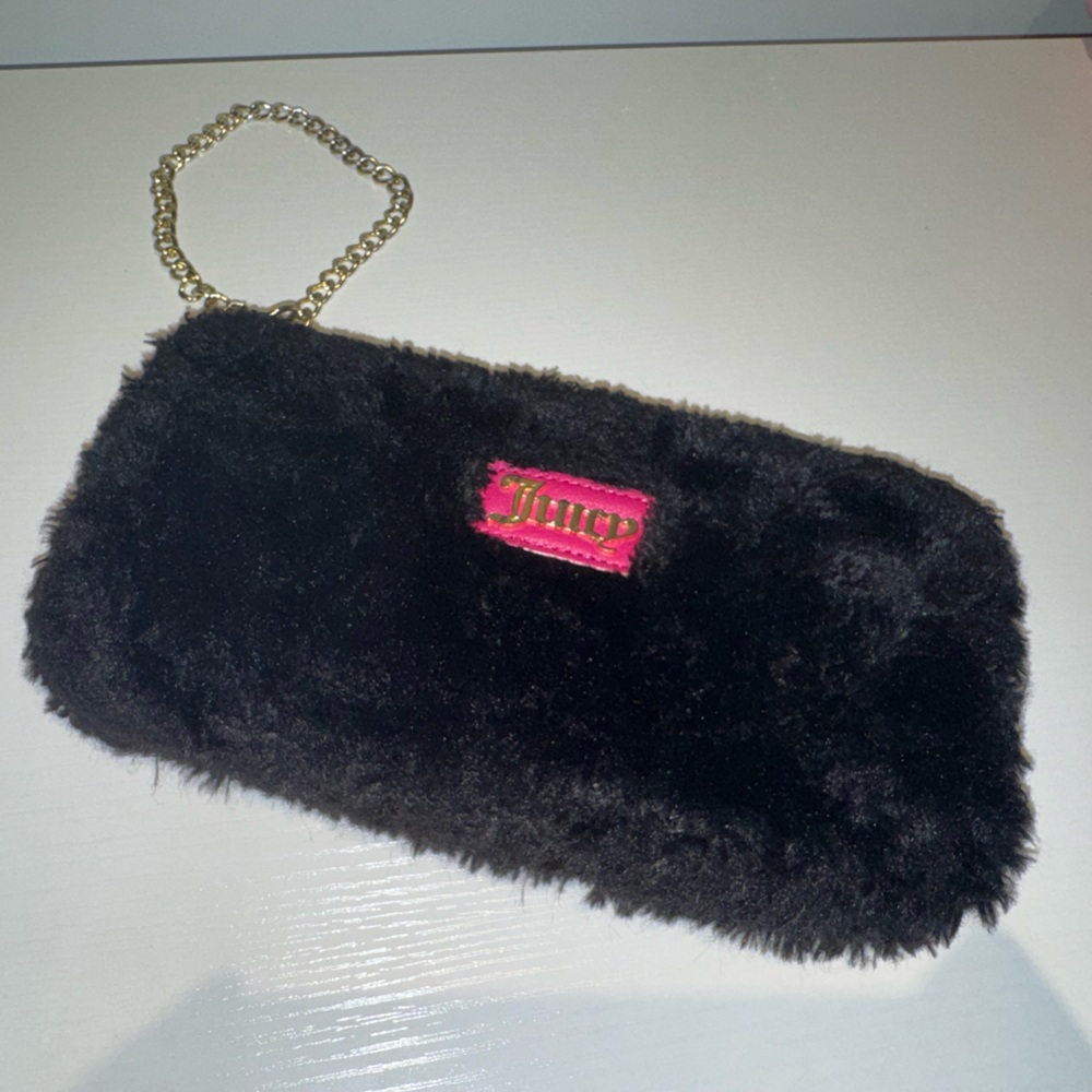 Juicy Couture Black Faux Fur Wristlet with Gold Chain